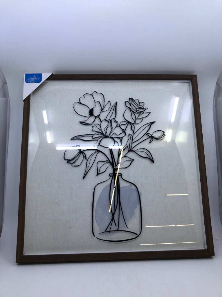 FLOWER LINE WORK WALL ART IN WOOD FRAME.
