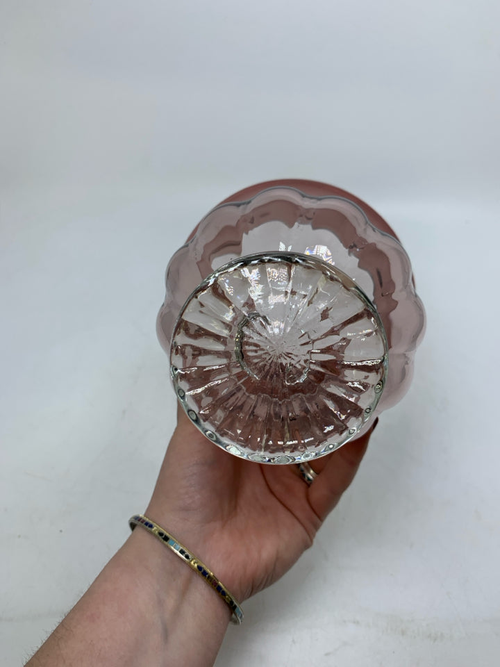 CLEAR GLASS FOOT W/ PURPLE FLARED TOP HEAVY CANDLE HOLDER.