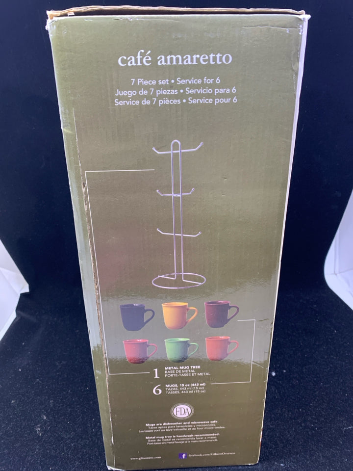 NIB 7 PC STONEWARE ASSORTED MUG SET + MUG TREE
