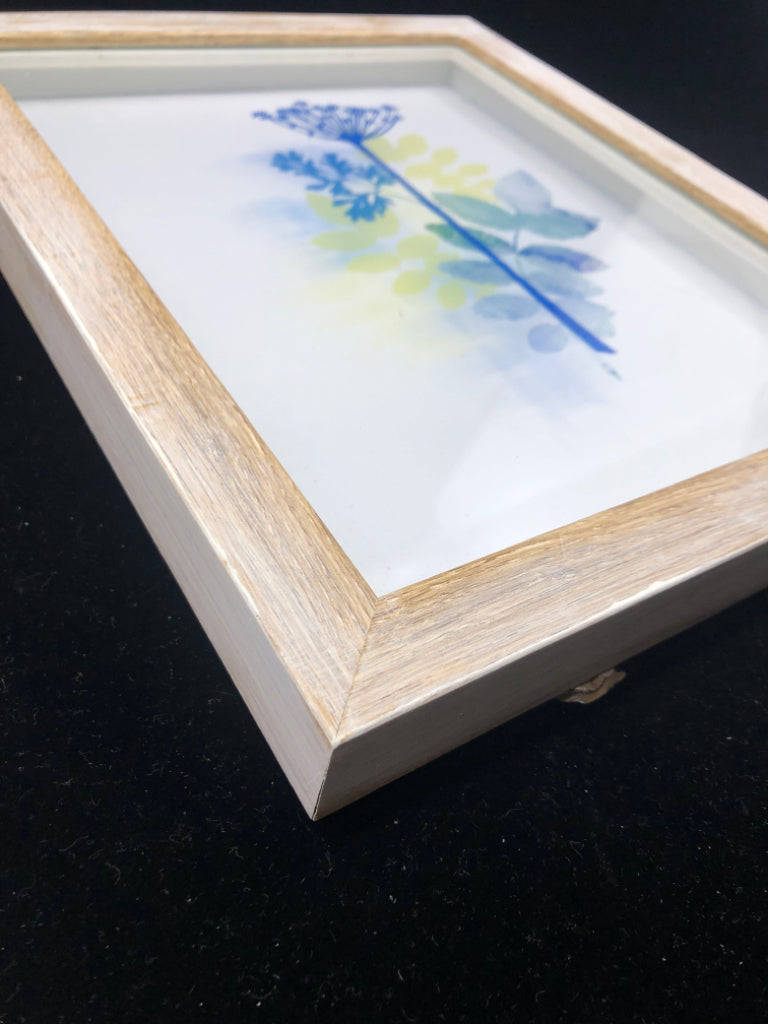 WHITE WASHED BLUE FLORAL SHADOW BOX WALL ART.