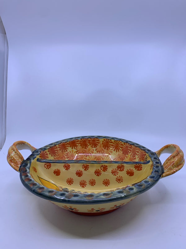 HAND PAINTED SUNFLOWER DIVIDED SERVING BOWL W HANDLES.