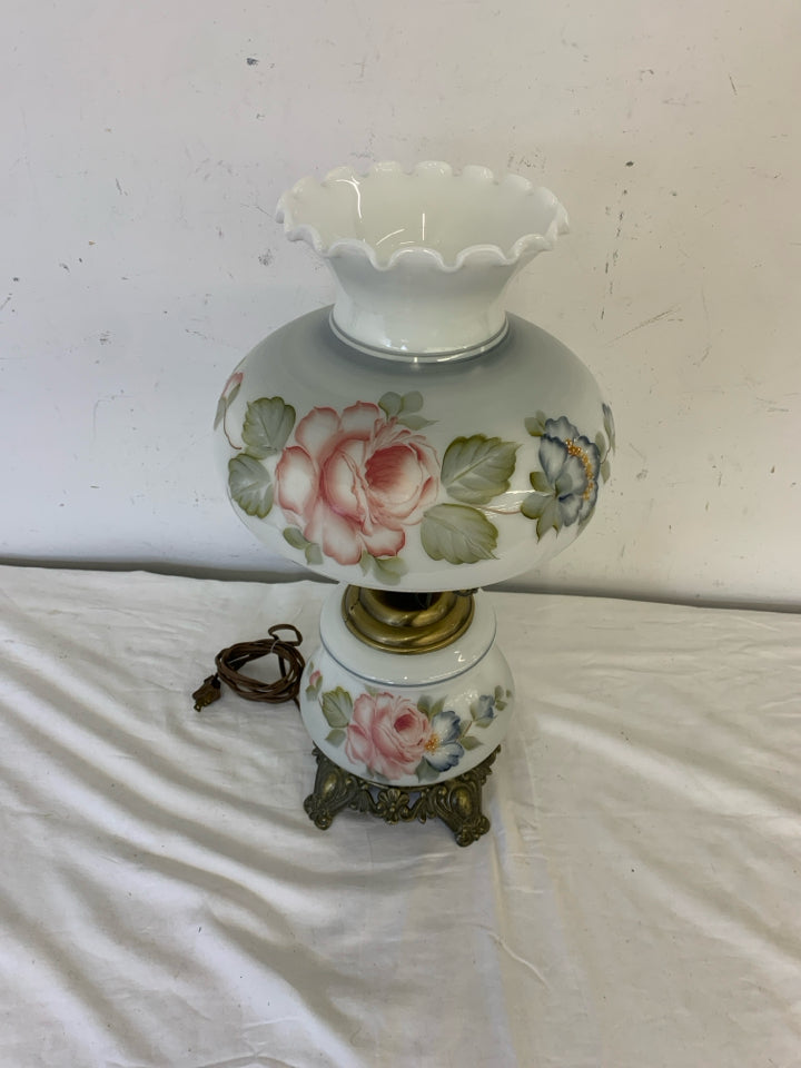 VTG WHITE GLASS HURRICANE LAMP W/ PAINTED BLUE FLOWERS 3 WAY.