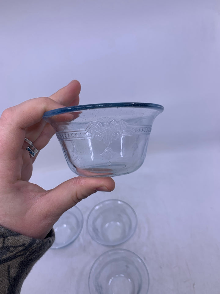 4 BLUE TINTED EMBOSSED DETAIL SAUCE BOWLS.