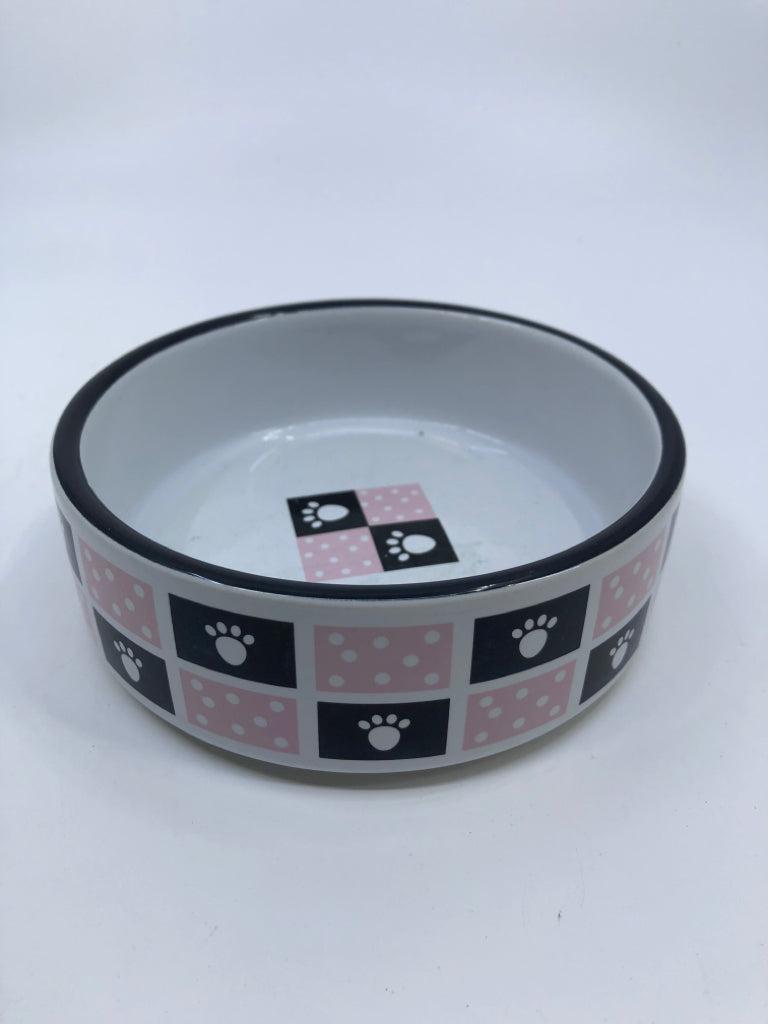 BLACK AND PINK PAW PRINT PET DISH.