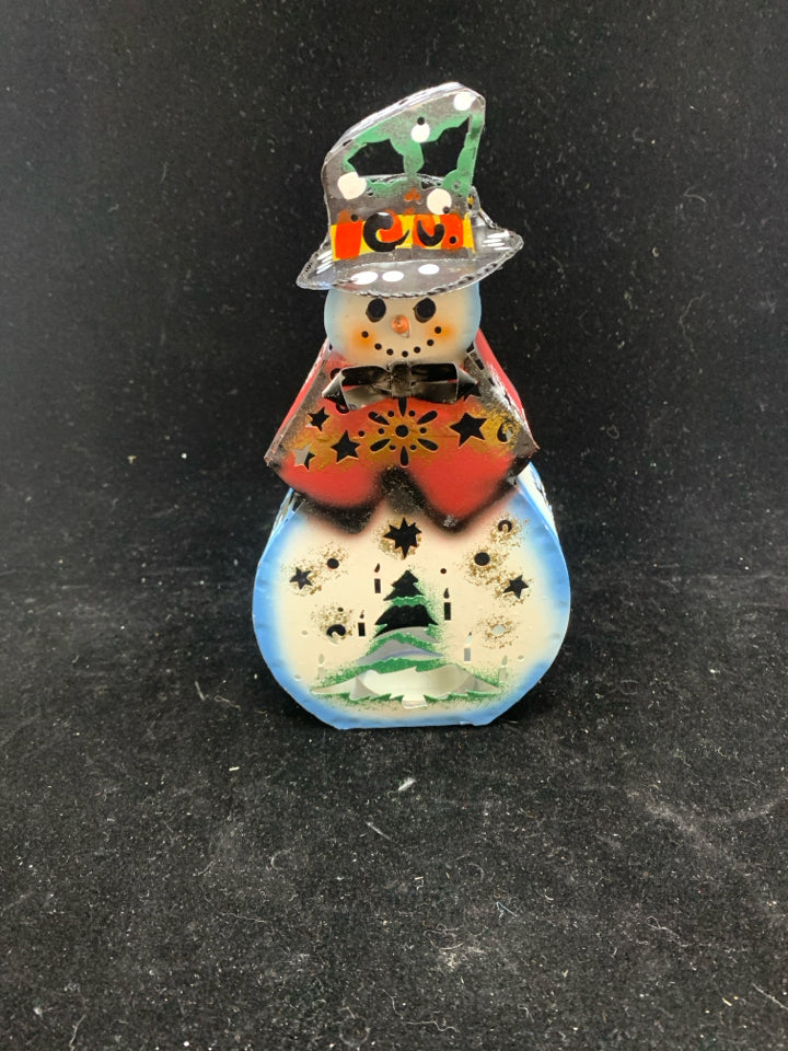 METAL SNOWMAN TEALIGHT HOLDER.
