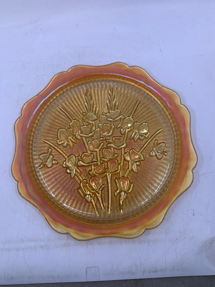 VTG PEACH DEPRESSION GLASS EMBOSSED FLORAL SERVER.