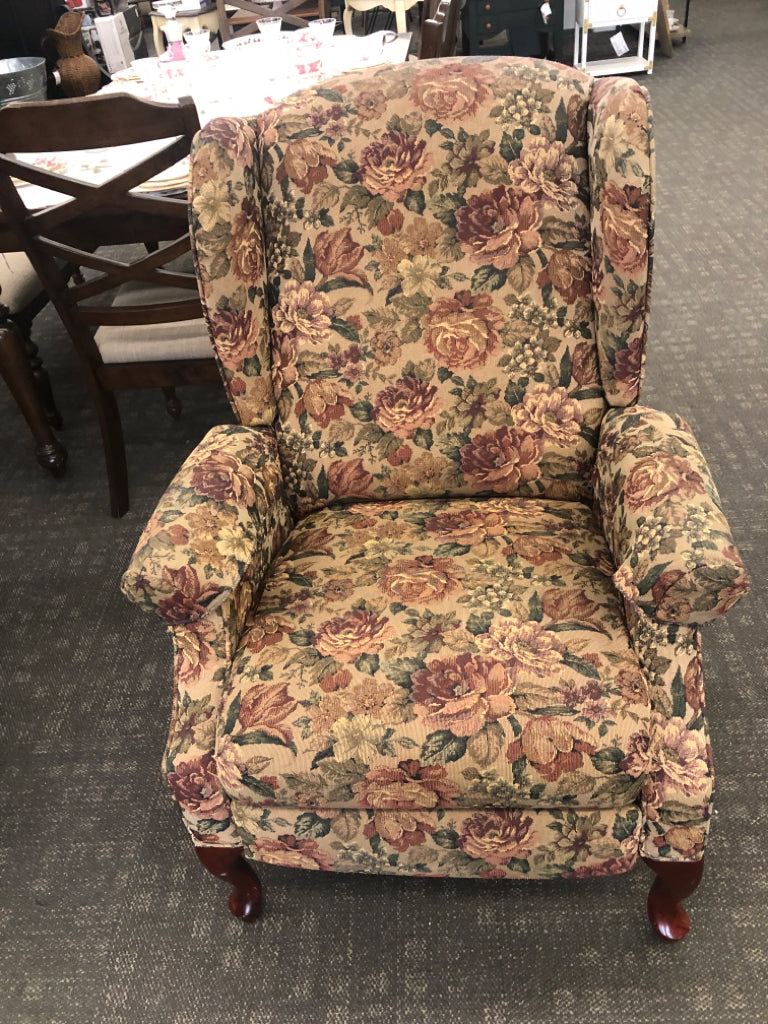 DARK ROSE PATTERN RECLINER W/ ARM COVERS.