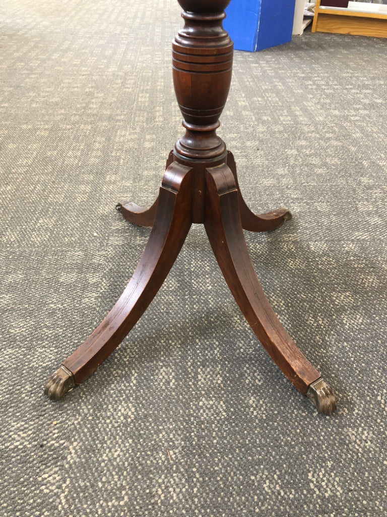 WOODEN TABLE W/BLUE PAINTED TOP & CLAW FEET.