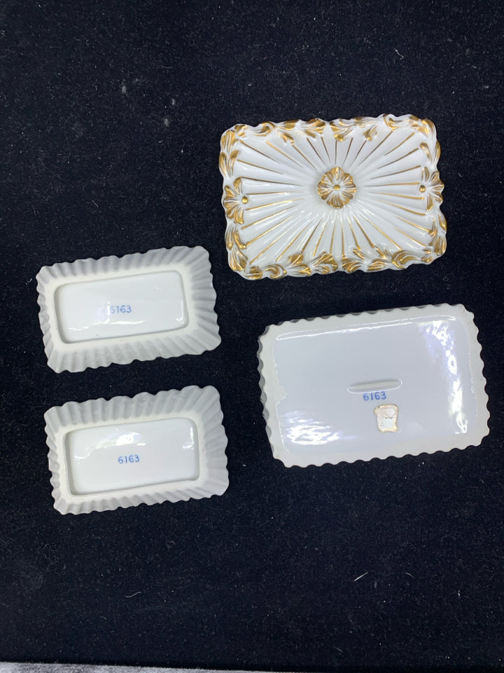 3 PC VTG WHITE AND GOLD TRINKET TRAY AND JEWELRY CATCH SET.