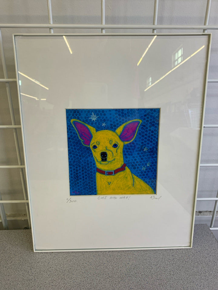 CHI WHO WAH DOG PAINTING - SIGNED IN WHITE FRAME.