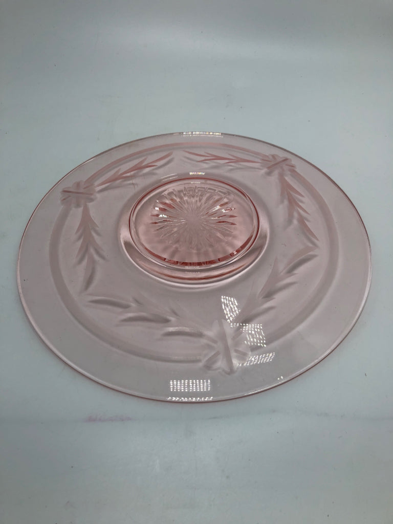 VTG PINK GLASS ETCHED PLATE.