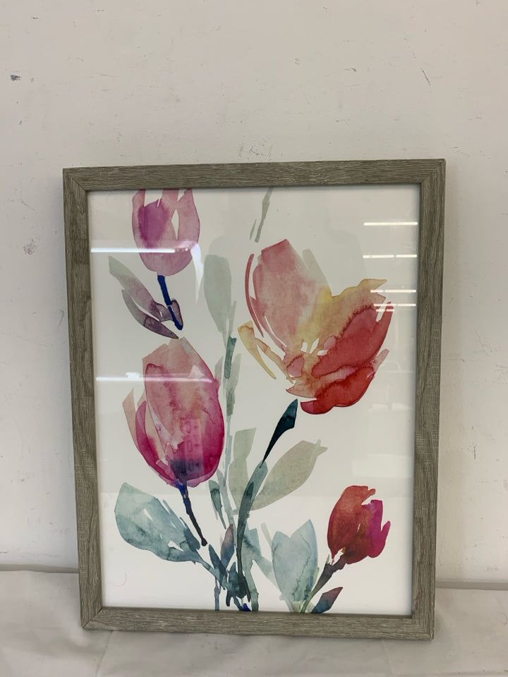 PINK FLORAL IN GREY WHITE WASHED FRAME WALL ART.