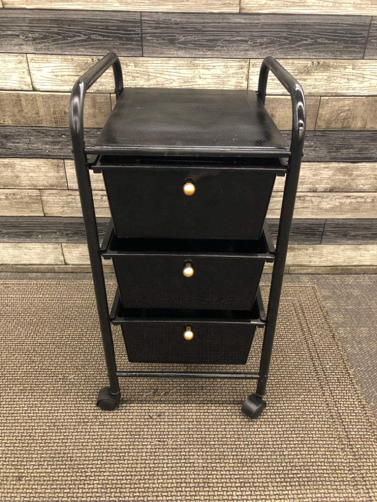 BLACK 3 DRAWER PLASTIC STORAGE ON WHEELS.