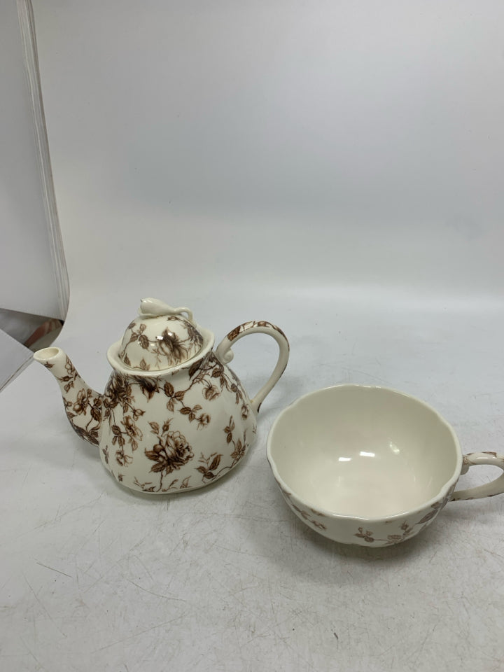 BROWN FLOWERS 2-1 TEACUP/TEAPOT.