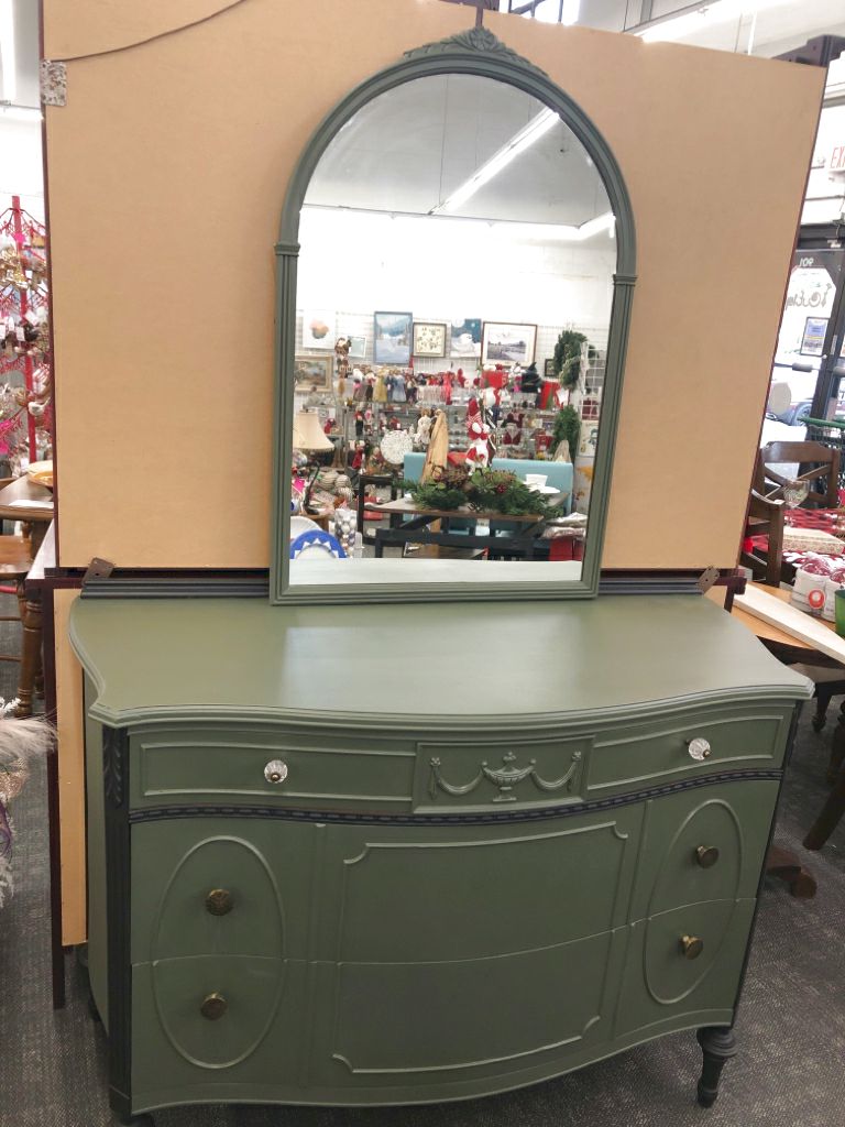 SAGE GREEN REFURBISHED 3 DRAWER DRESSER W/ ARCHED MIRROR.