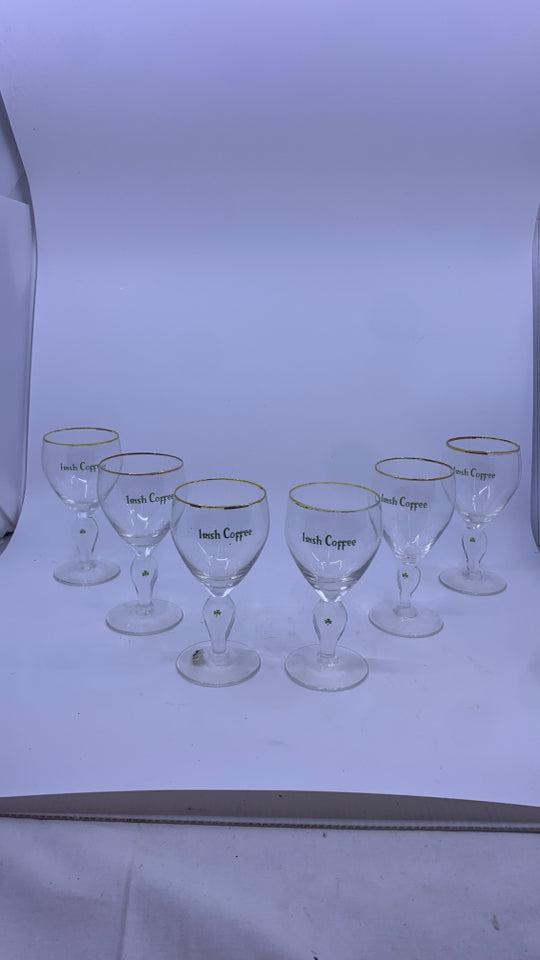 6 IRISH COFFEE SHAMROCKS FOOTED GLASSES.