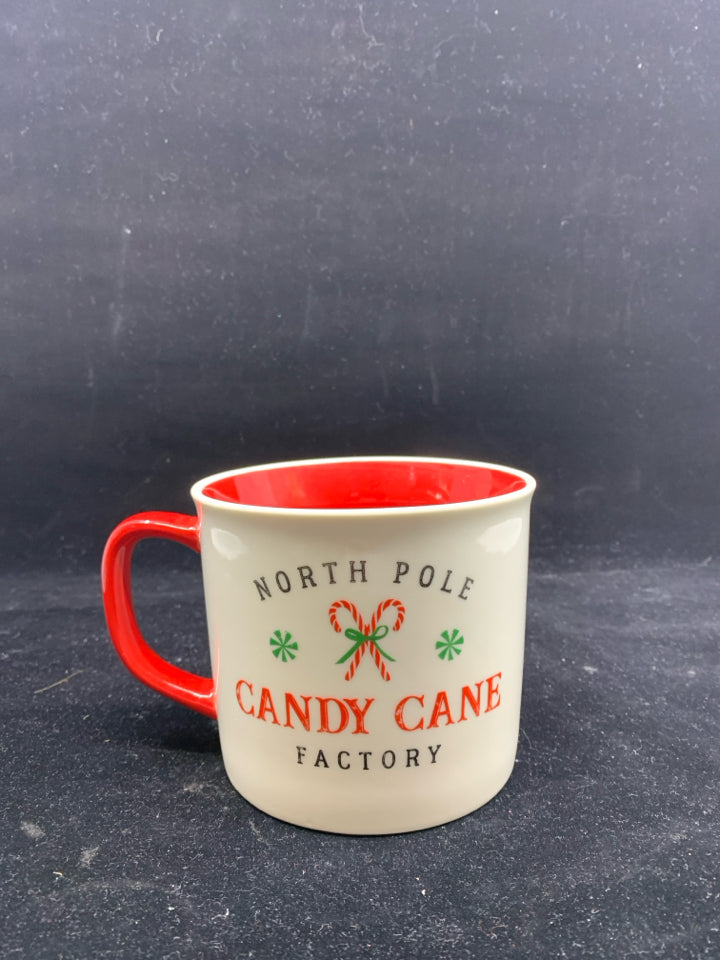 NORTH POLE RED AND WHITE MUG.