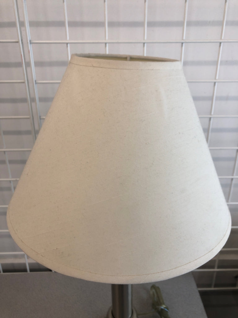 SILVER LAMP W/WHITE CONE SHADE.