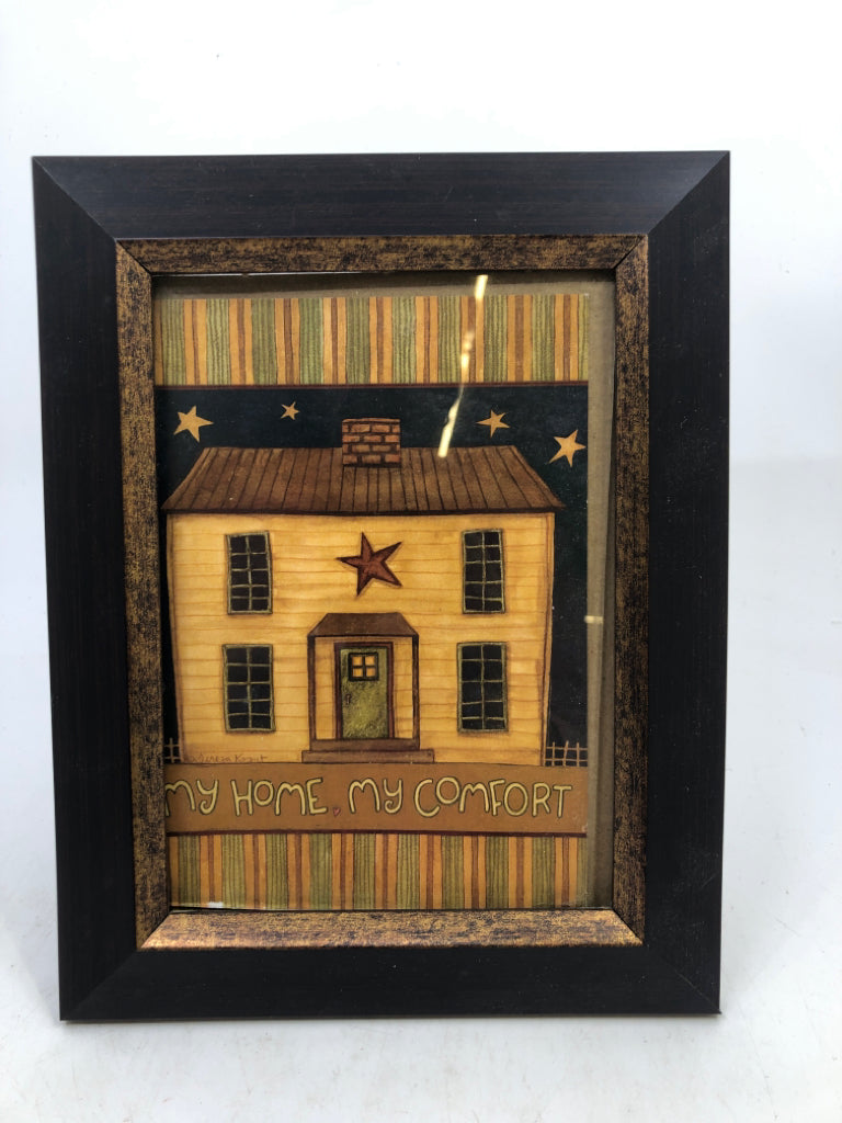 PRIMITIVE "MY HOME MY COMFORT" HOUSE DARK WOOD FRAME.
