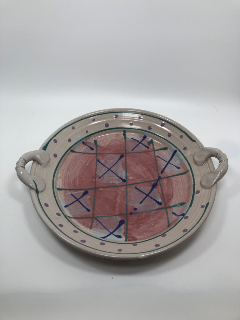 MULTICOLORED "X" STONEWARE BOWL W/HANDLES.