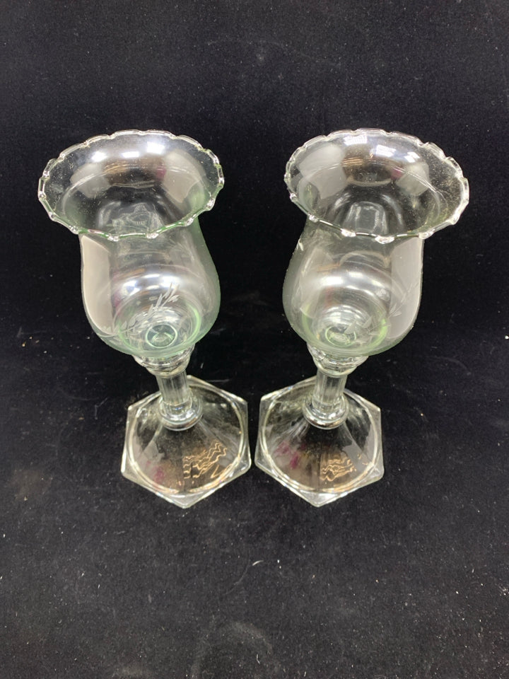 2 HURRICANE GLASS CANDLE HOLDERS W/ETCHED LEAVES.