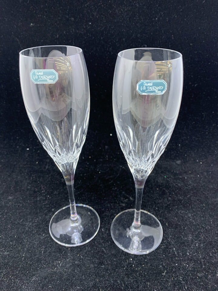2 CRYSTAL CARVED BOTTOM CHAMPAGNE FLUTES- W STICKER.