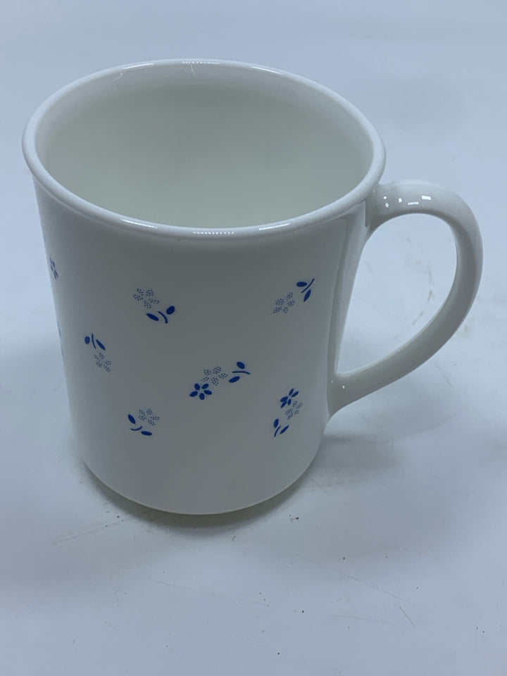 8 BLUE FLORAL CORNING WARE MUGS.