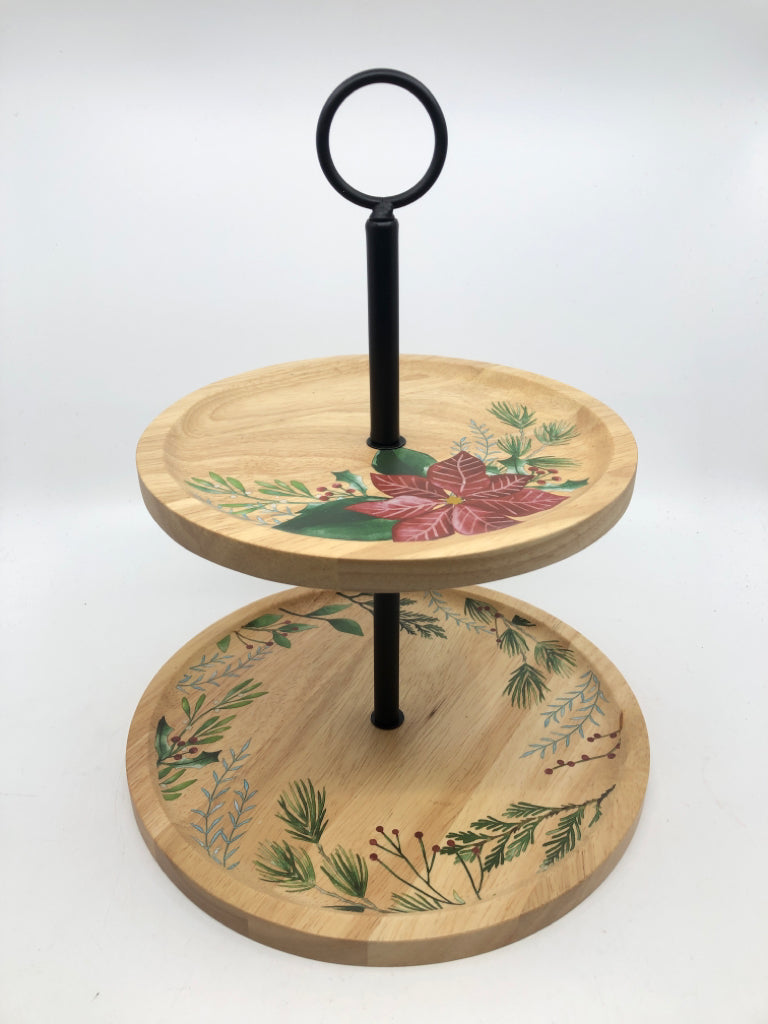 2 TIER WOOD W POINSETTIA AND BLACK HANDLE.