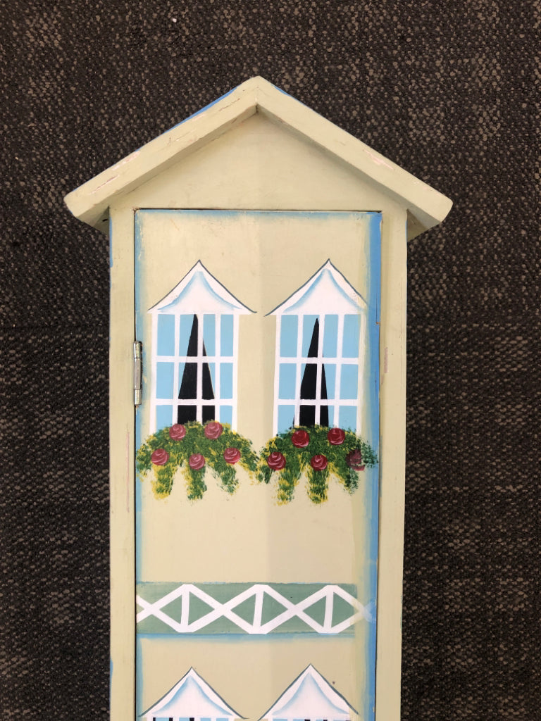TALL WOODEN HOUSE BOOKSHELF W/PAINTED FLORALS.