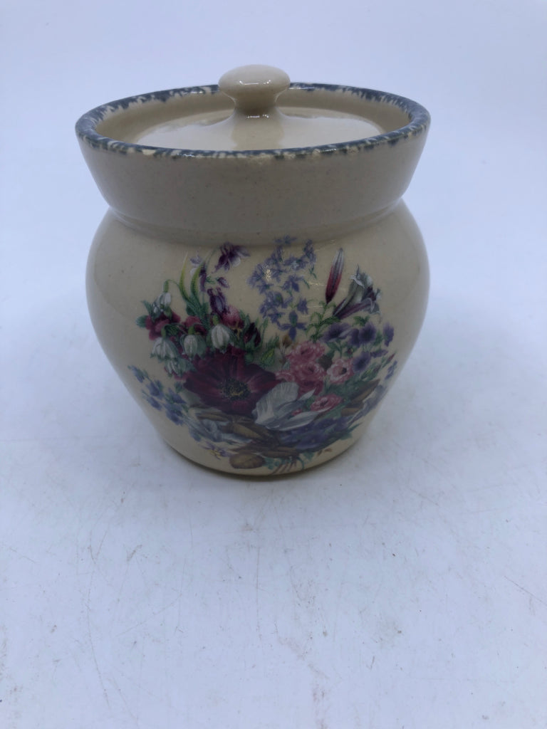 TAN PINK/PURPLE FLORAL COVERED SUGAR.
