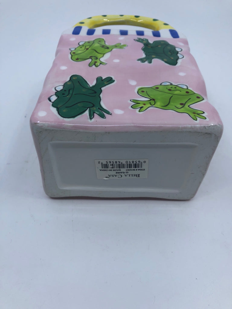 PINK CERAMIC FROG BASKET W HANDLES.