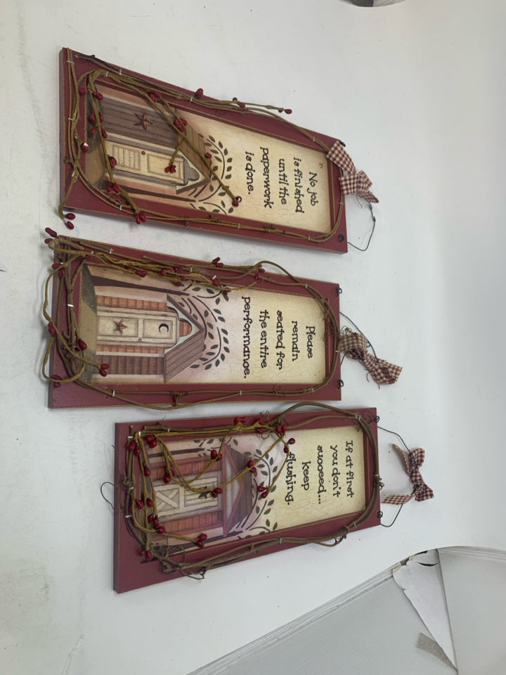 3 PRIMITIVE STYLE OUTHOUSE SAYINGS W/ PIP BERRIES.