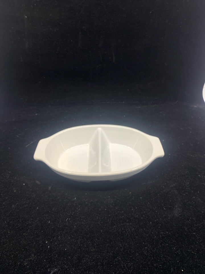 SMALL WHITE DIVIDED BAKING DISH.