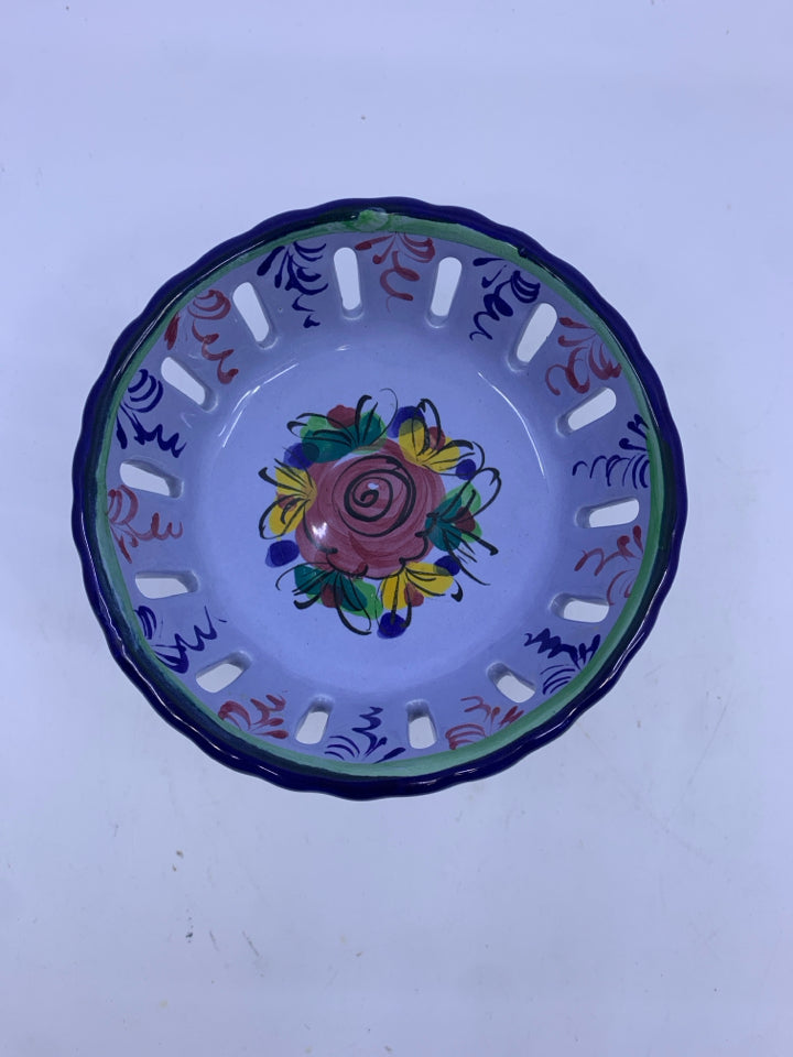 SMALL PALE BLUE PAINTED FOOTED DISH W LACE EDGED.