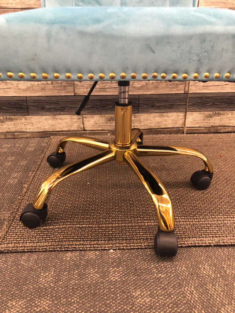 TEAL BLUE VELOUR OFFICE SWIVEL CHAIR W/ GOLD STUDS/LEGS.