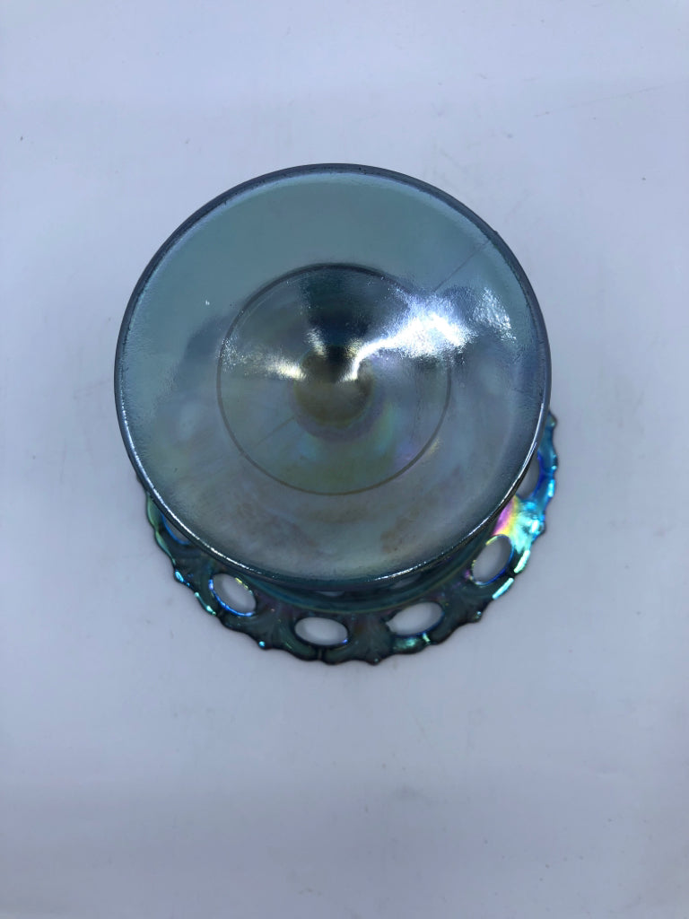 VTG BLUE IRIDESCENT FOOTED CANDY DISH W EMBOSSED GRAPES.