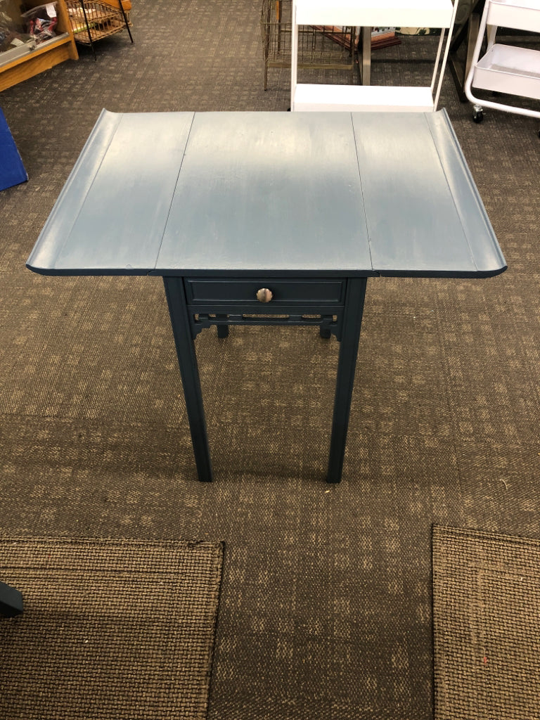 PAINTED BLUE TABLE W/FOLD-UP SIDES & DRAWER.