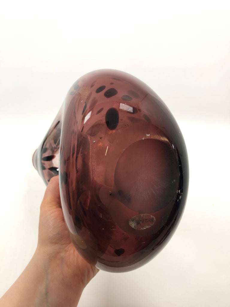 TEARDROP PURPLE BLOWN GLASS VASE W/GOLD AND BLACK ACCENTS.
