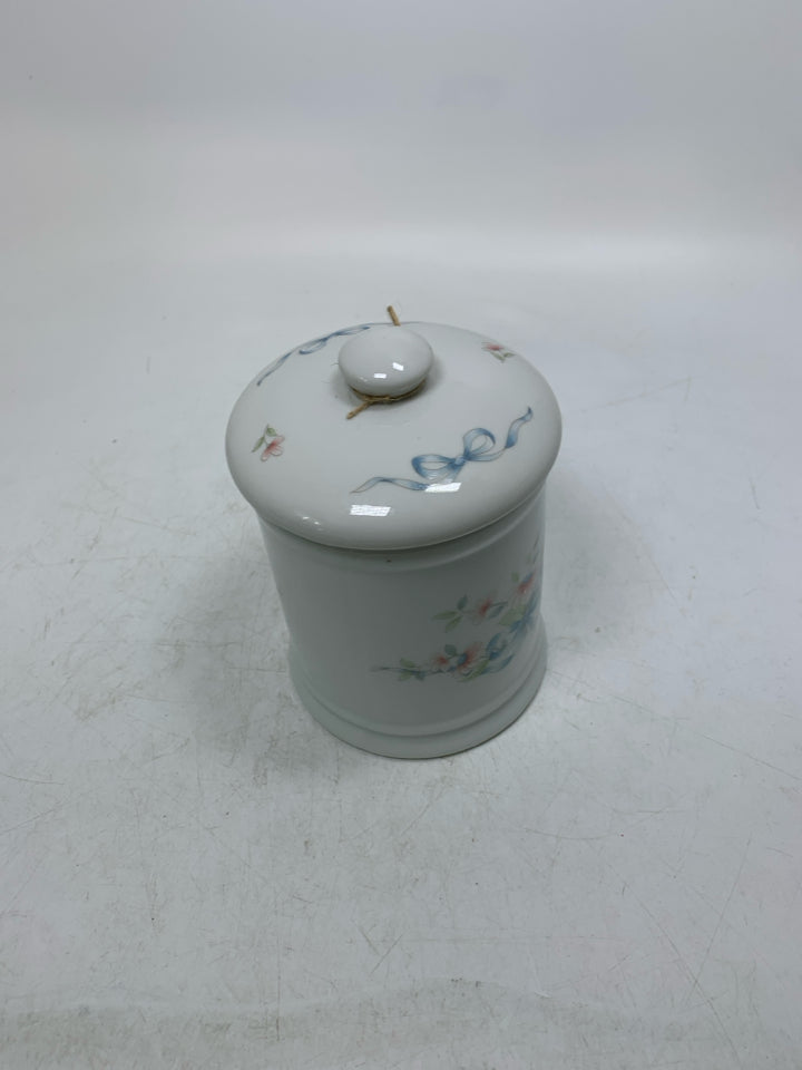 SMALL PORCELAIN CANISTER W/ PAINTED FLOWERS/BOWS.