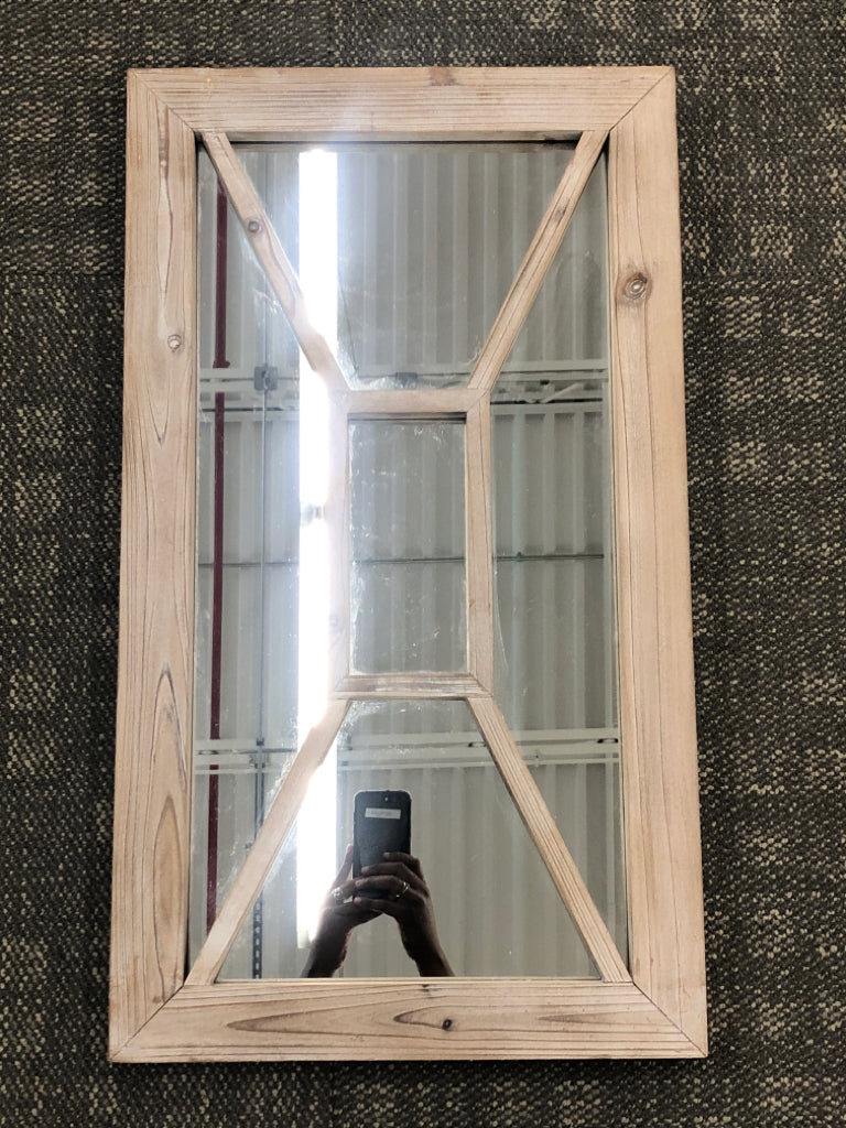 WEATHERED WOOD FRAMED MIRROR W/X OVERLAY.
