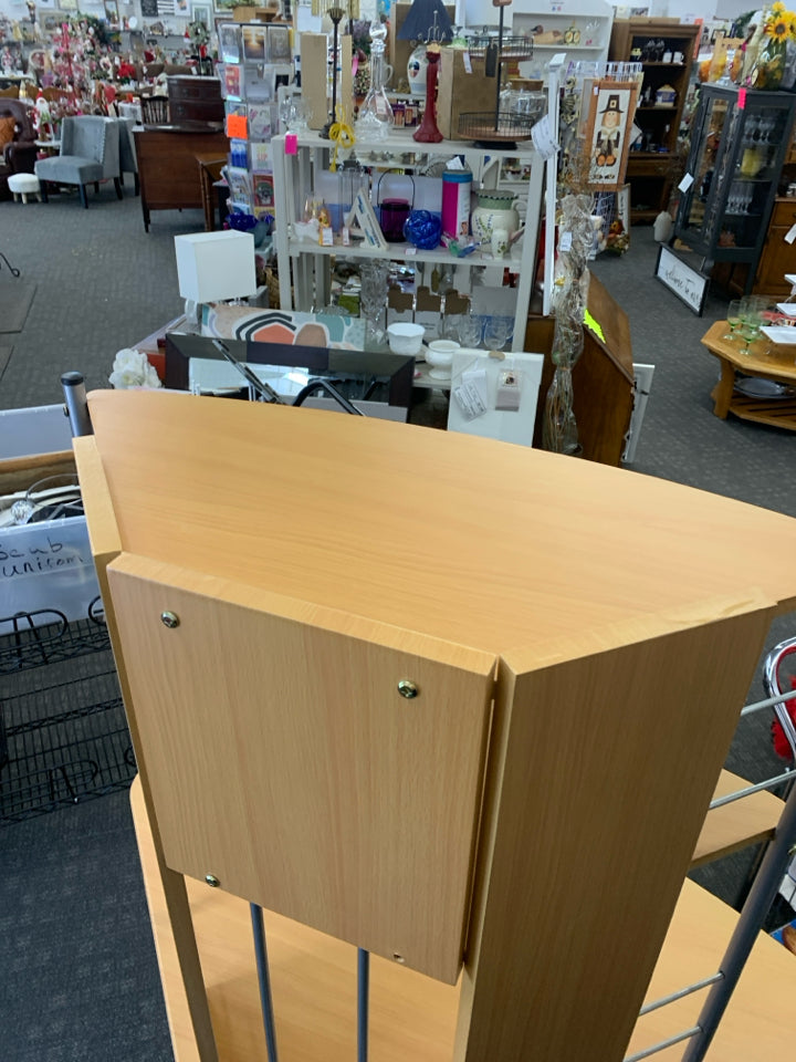 BLONDE CORNER DESK W 3 SHELVES.