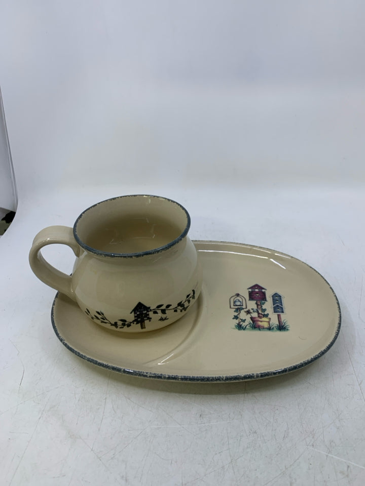 2 PC SNACK PLATE/SOUP BOWL W/ BIRD HOUSES.