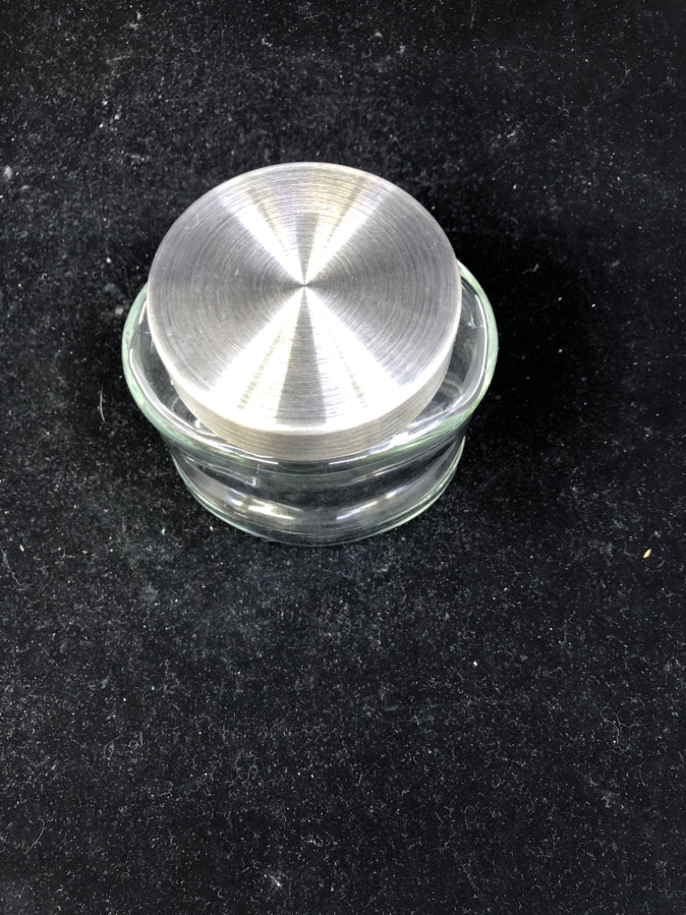 OVAL GLASS CONTAINER W/METAL LID.