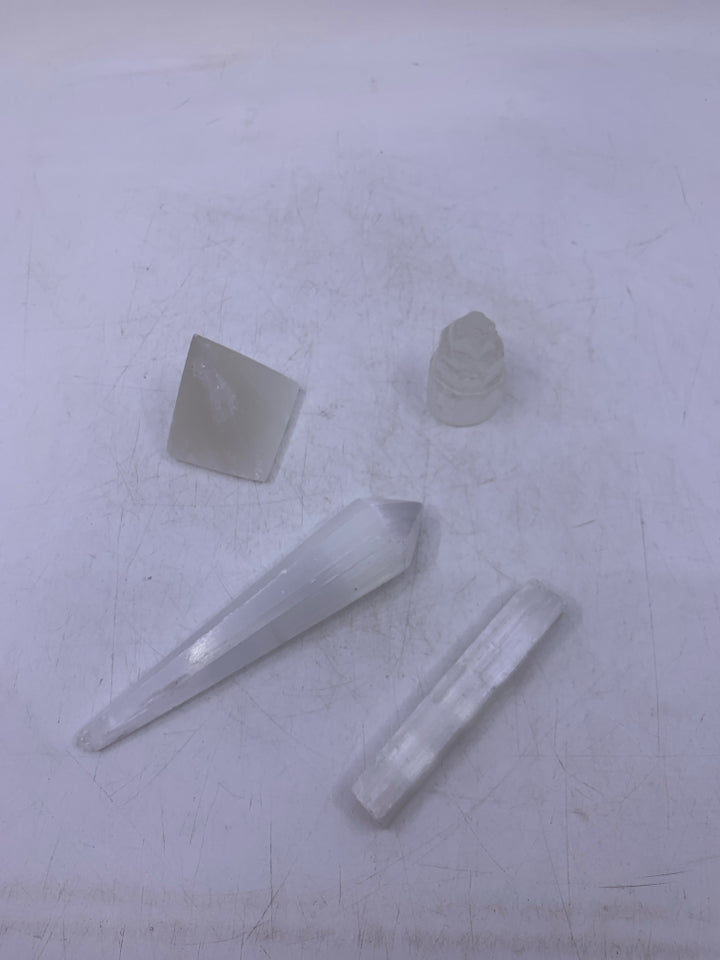 4 PC ASSORTED SELENITE CRYSTALS.