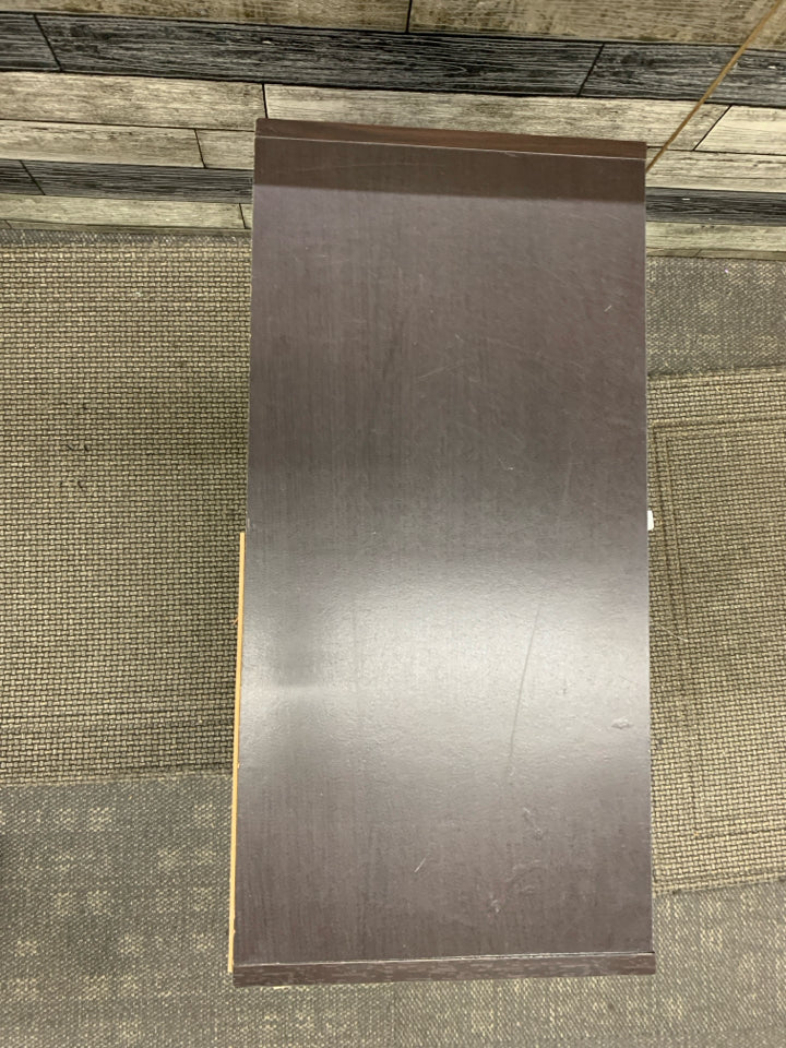 DARK WOOD CUBBY SHELF.