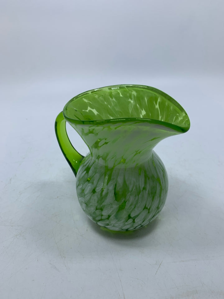 BLOWN GLASS GREEN W/ WHITE SPECKLES PITCHER.