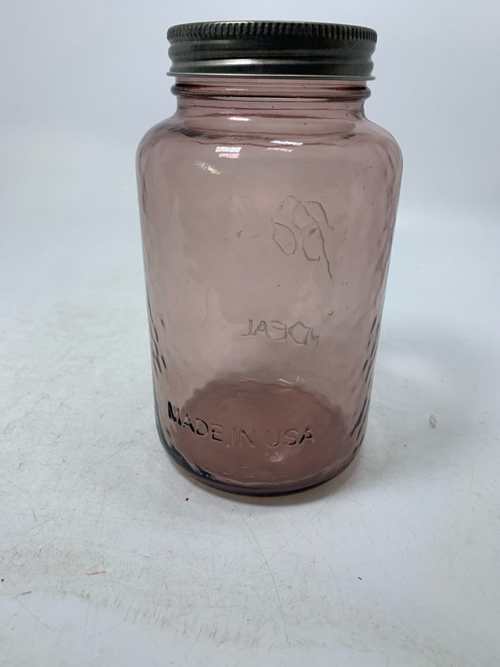 PURPLE TINTED BALL MASON JAR VASE.
