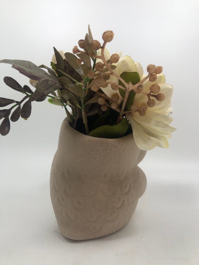 FAUX-STONE OWL PLANTER W/FLORALS.