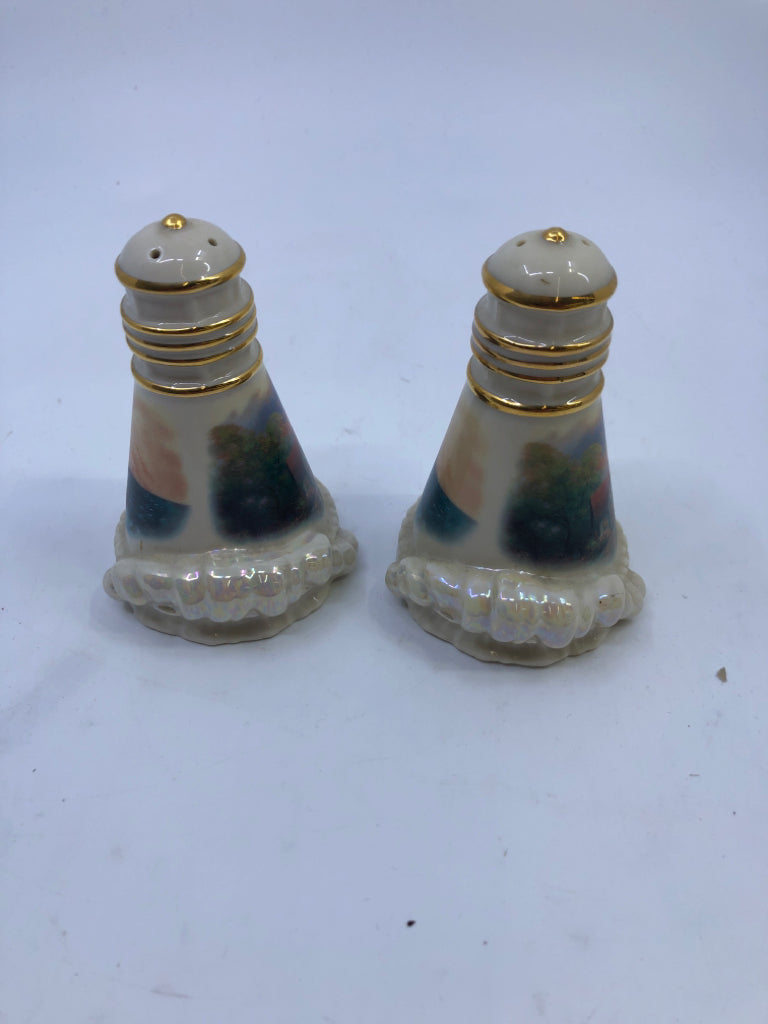 IRIDESCENT THOMAS KINKADE LIGHTHOUSE S/P SHAKERS.
