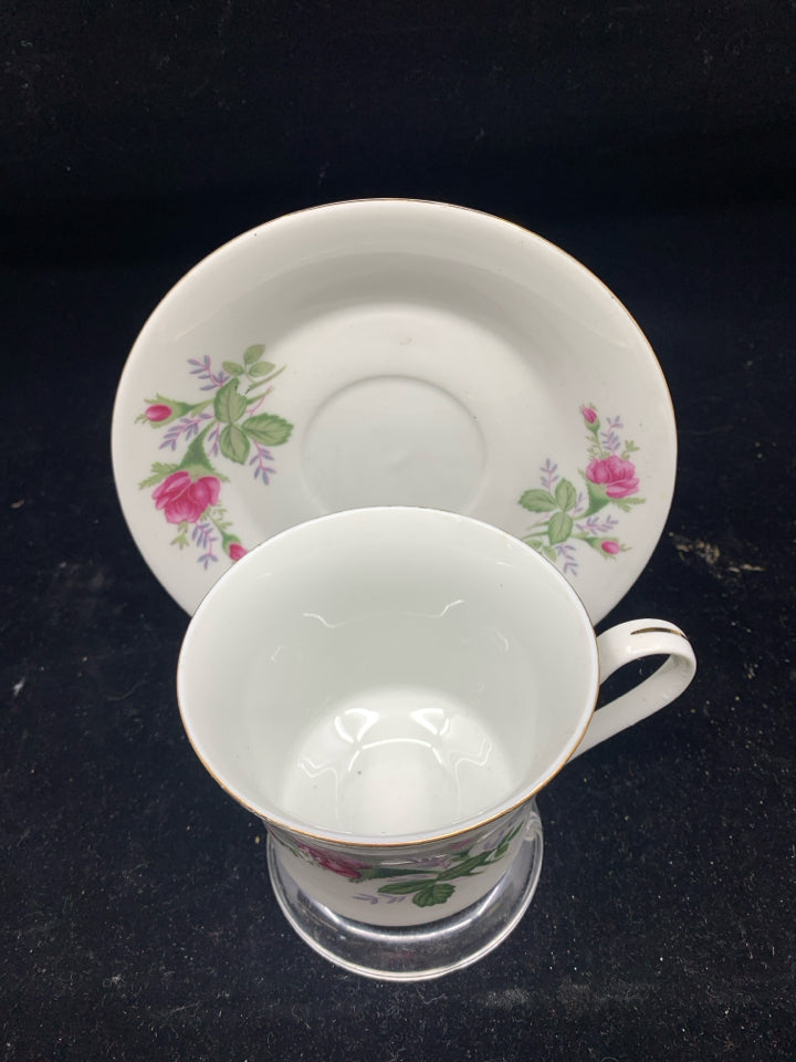 PINK FLORAL FINE CHINA TEA CUP AND SAUCER.